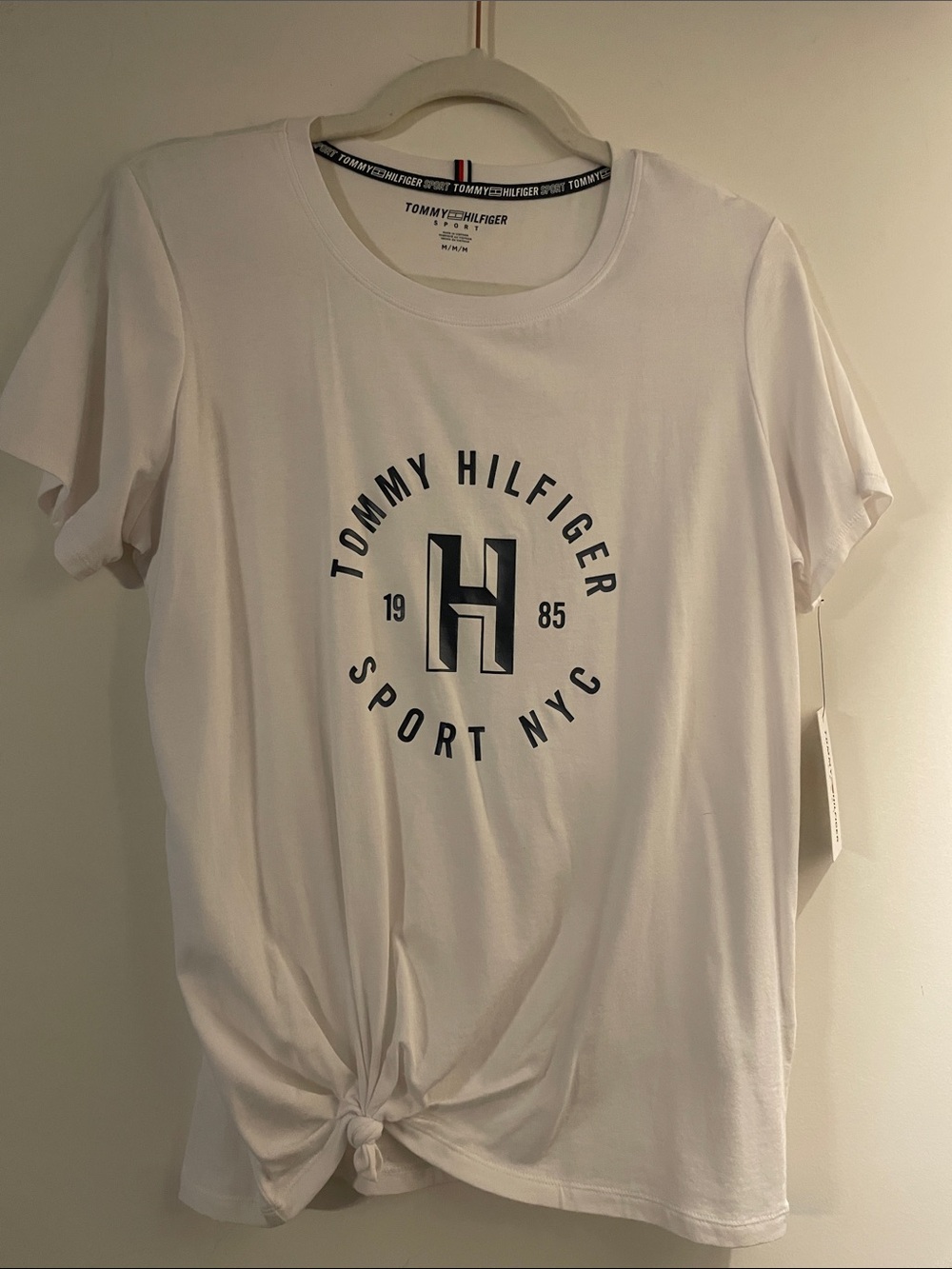 Tommy Hilfiger White Tee with Navy Logo and Front Knot